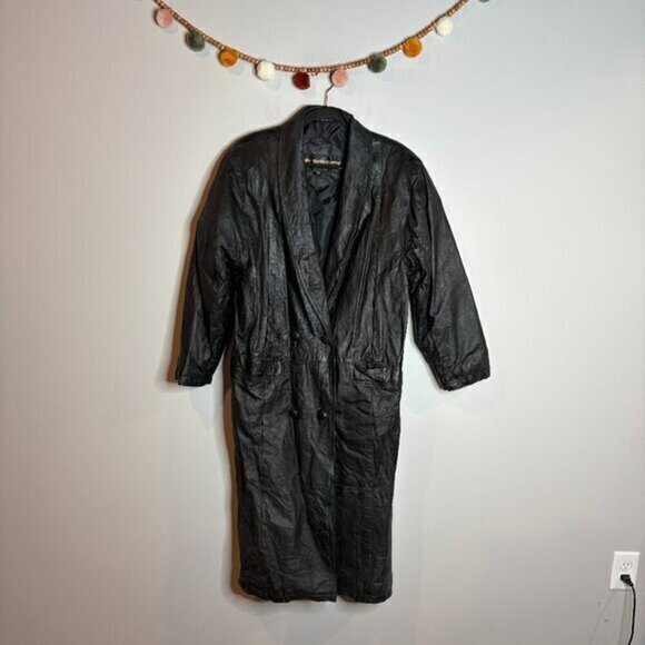 Vintage black leather long trench jacket - Picture 1 of 5